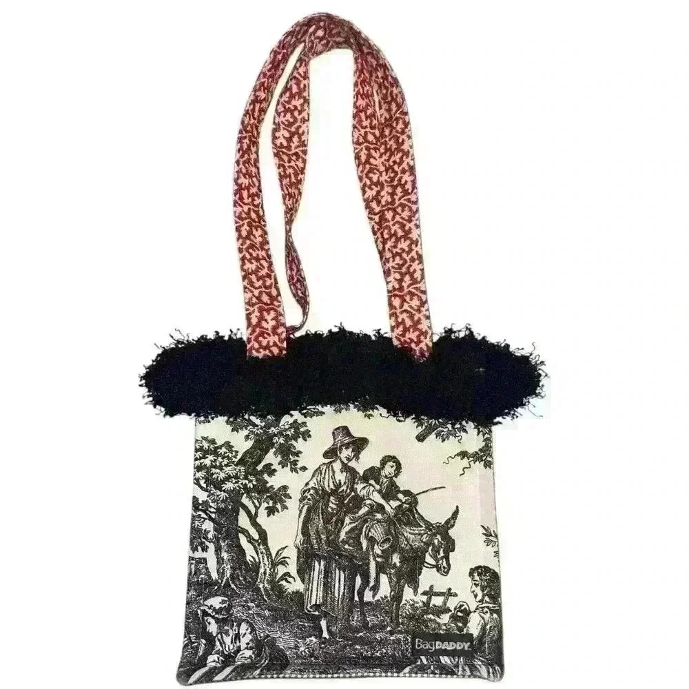 BagDaddy Red And Black Purse, Handbag, Tote With Fringe Vintage Inspired Pattern